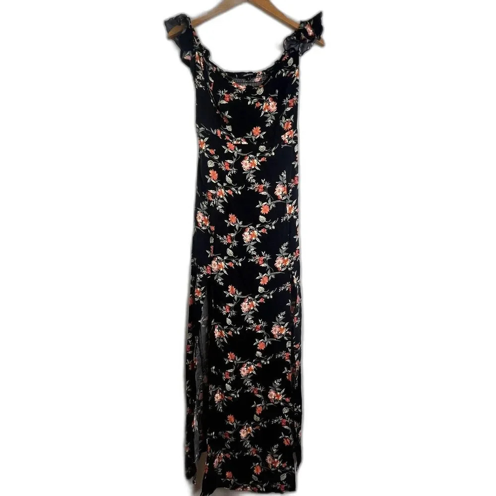 Ambiance Floral Flutter Sleeve Maxi Dress Split Skirt Size Small